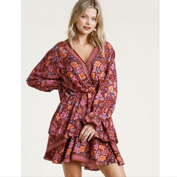 Umgee Dresses & Skirts - Umgee Maroon Floral Ruffle Long Sleeve Dress Small
